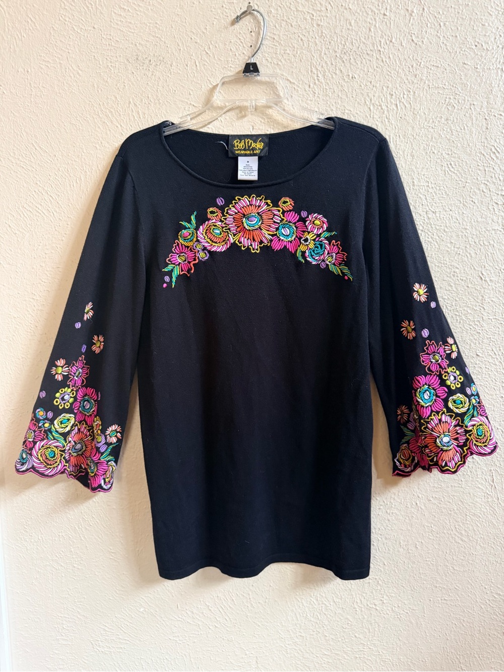 Bob Mackie black blouse with floral embroidery